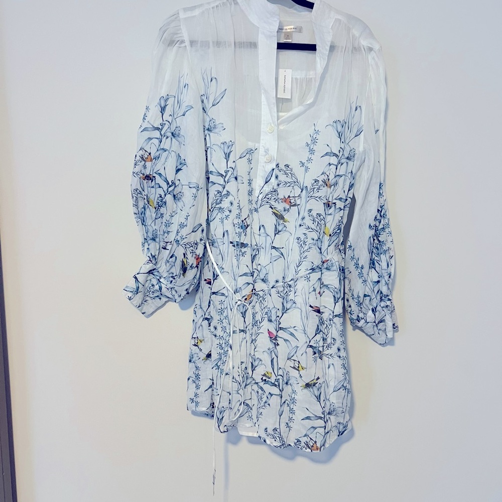 NWT Banana Republic Ramie Popover Balloon Bird Floral Dress Medium